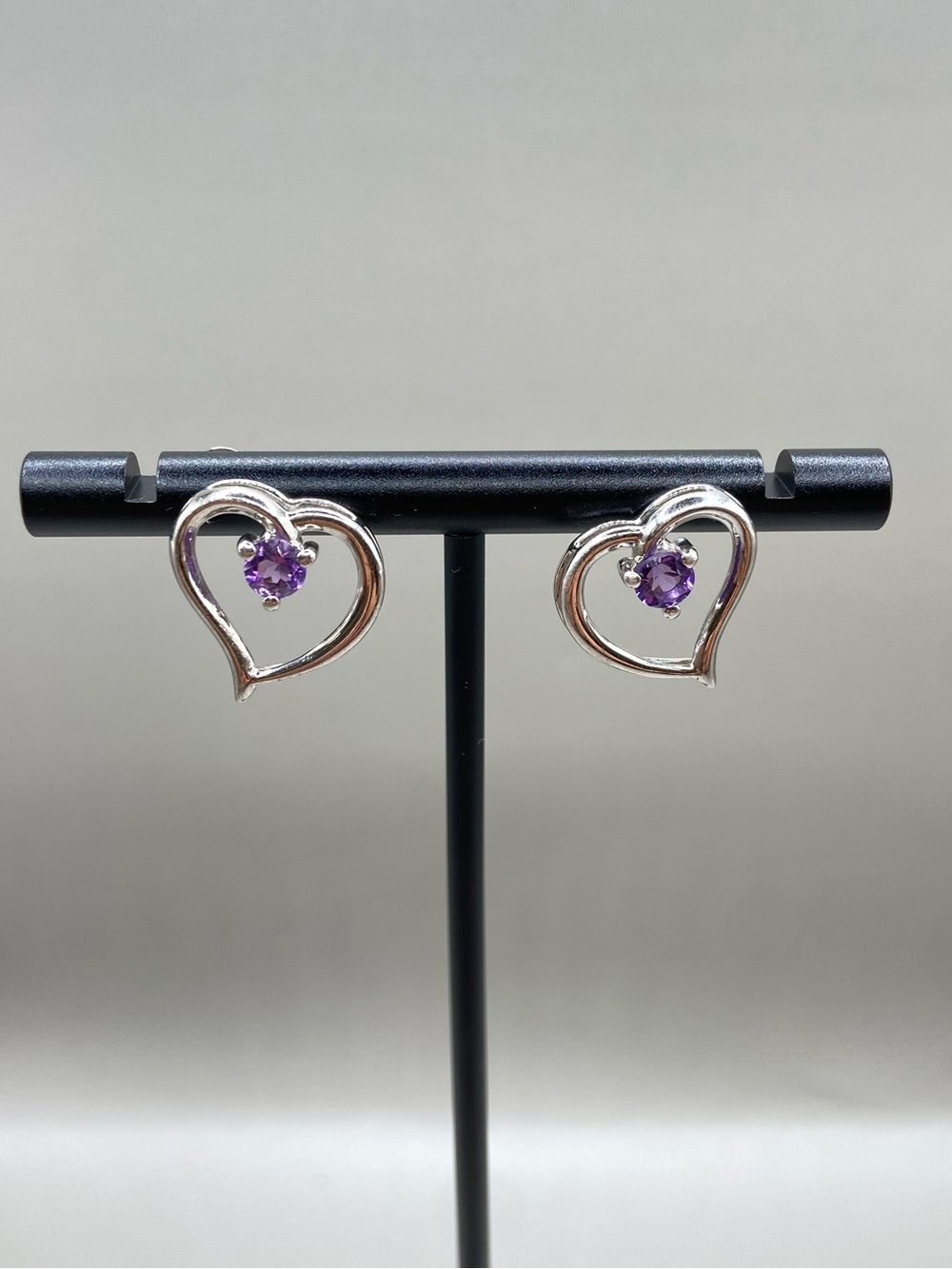 Sterling Silver Round Amethyst Heart Earrings